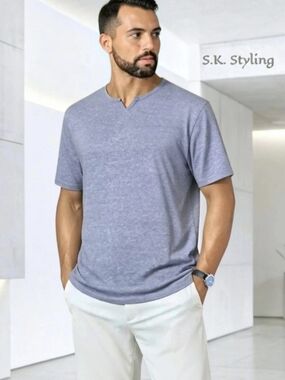 Alexander Julian Colours S/S Split V T-Shirt Heathered Purple Men's size Medium
